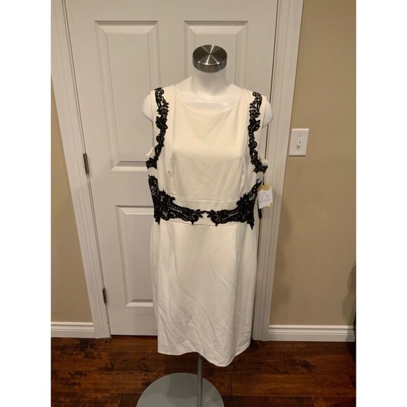 Tahari Arthur S. Levine White W/ Black Floral Applique Dress, Size 14, NWT! - Picture 1 of 6
